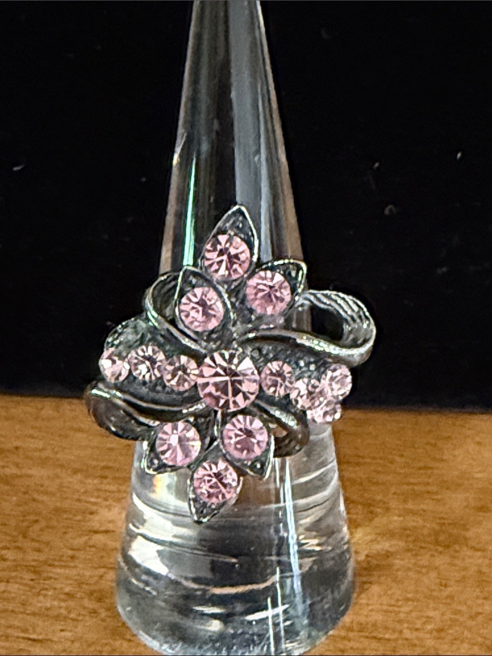 Vintage Pink Rhinestone Silvertone statement ring
